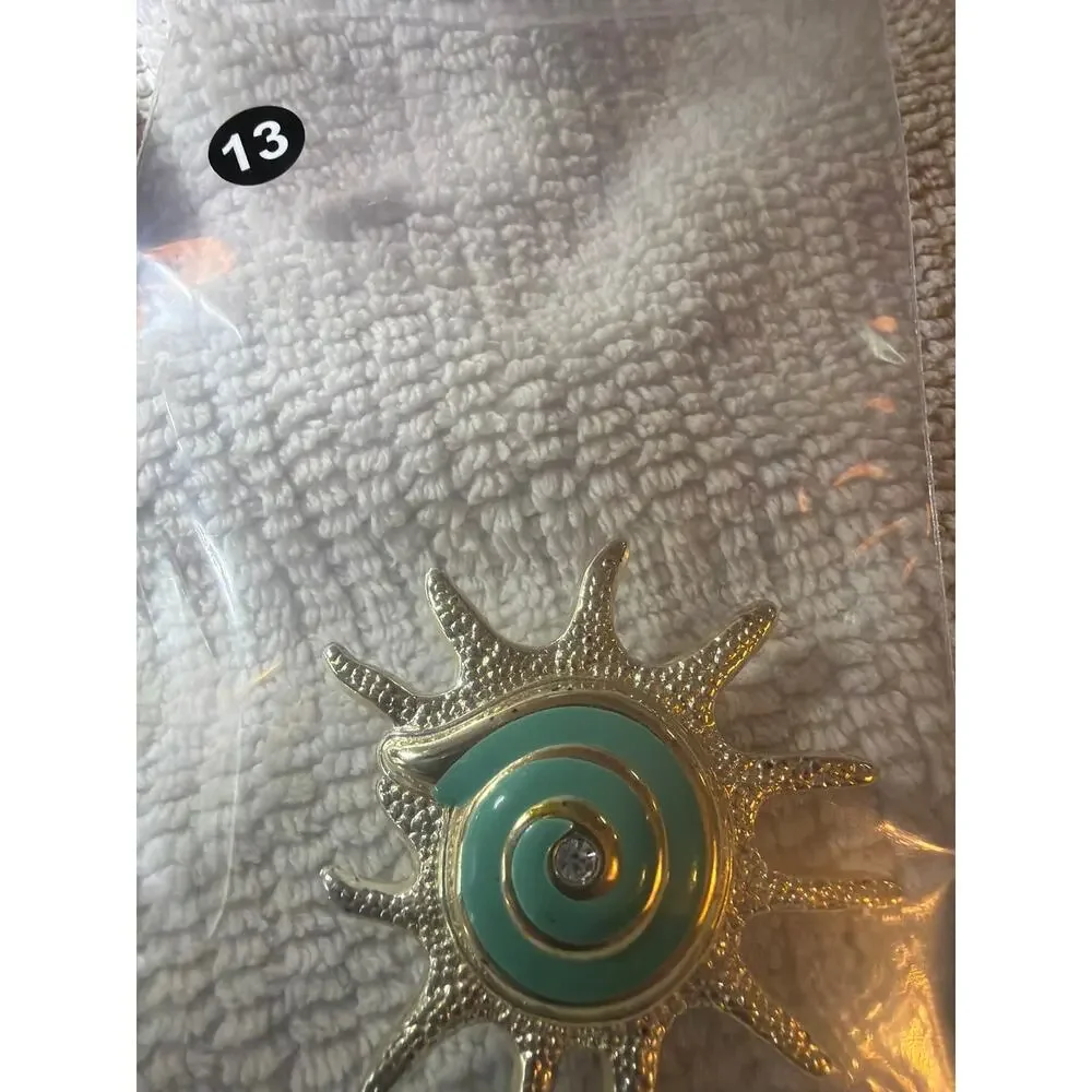 Signed Silver Tone Enamel Sunburst Brooch Pendant Aqua Rhinestone Vintage Pin